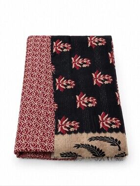 Mieko Mintz Black Beige Red Kantha Cotton Floral Reversible Scarf Shawl